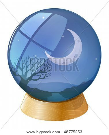 Illustrazione di una sfera di cristallo con una luna su sfondo bianco