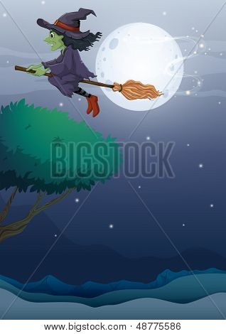 Illustration d'une sorcière balai le long de la pleine lune d'équitation 
