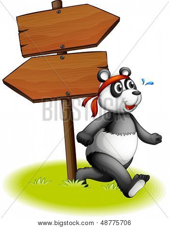 Beispiel für ein Panda neben der hölzernen Arrowboards auf weißem Hintergrund 