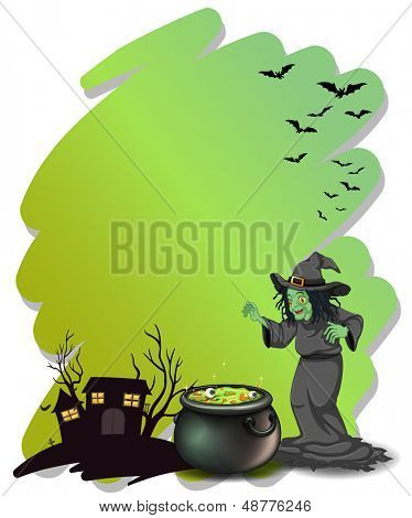 Illustration d'une sorcière et son pot magique au cimetière sur fond blanc