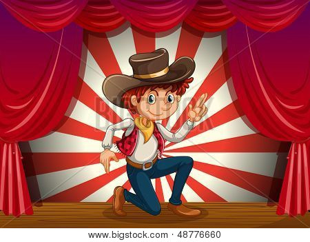 Illustrazione di un ragazzo in ginocchio al centro del palco