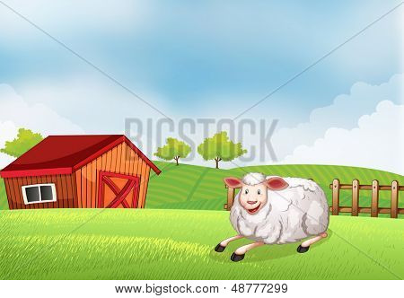 Abbildung eines Schafes auf der Farm liegend mit einer Scheune 