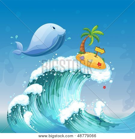 Beispiel für eine hohe Welle mit einem Delphin und eine Insel mit einer arrowboard