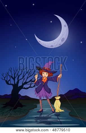 Illustration d'une sorcière à la route au milieu de la nuit