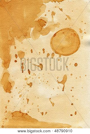 Carta vecchia malandata. Gocce marrone casuale. Marco tazza di tè.