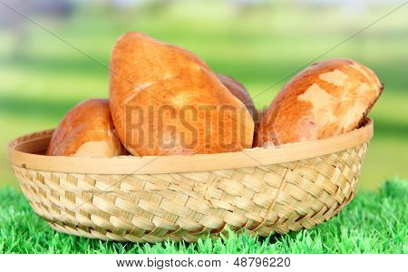 Empanadillas al horno frescas, en cesta de mimbre, en la hierba verde sobre fondo brillante