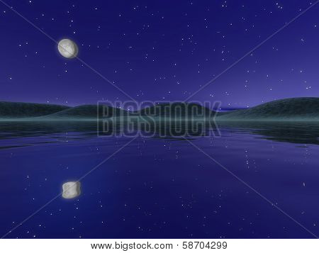 Night Landscape With Lake And Hills