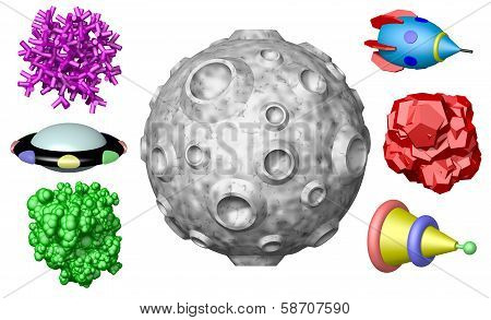 Toy outer space objects isolated on white background