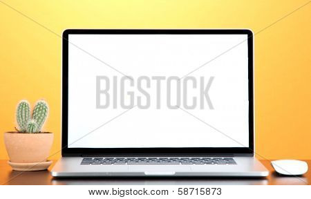 Laptop and cactus in flowerpot on wooden table on yellow background