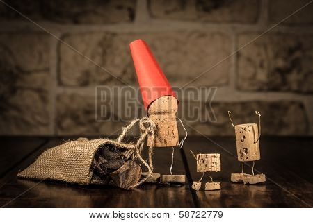 Wine Cork Figures, Concept Santa Claus With Presents
