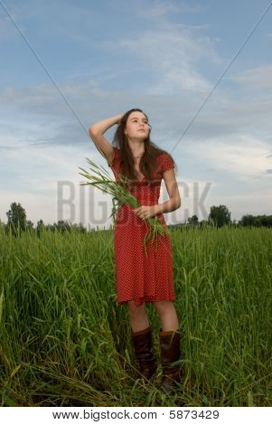 Niña con vestido rojo en campo verde