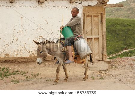 Old man riding on a donkey, Hissar Mountains, Uzbekistan