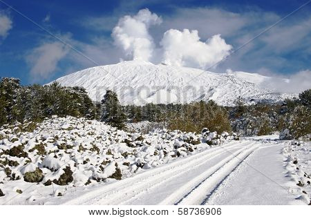 road to the Etna volcano covered by snow, Sicily