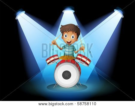 Illustration of a young drummer in the middle of the stage