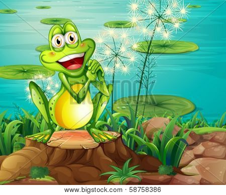 Illustration of a frog above the stump near the pond
