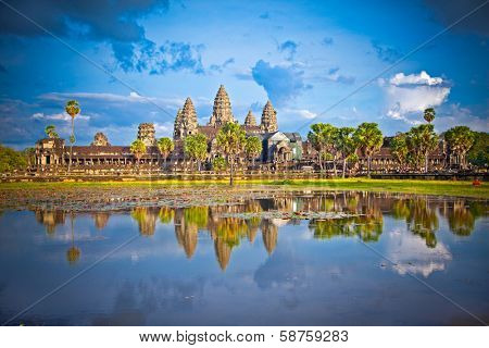 Famous Angkor Wat temple complex in sunset, near Siem Reap, Cambodia.Panoramic view.