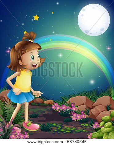 Illustration of a kid amazed by the sight of the rainbow and the fullmoon