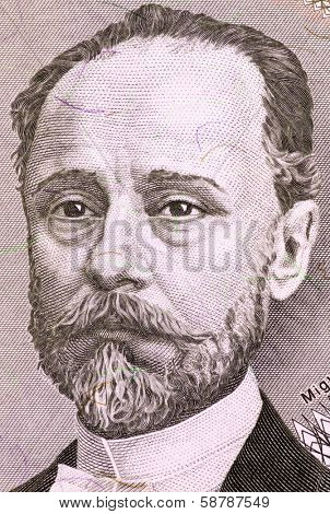 ARGENTINA - CIRCA 1990: Miguel Angel Juarez Celman (1844-1909) on 5000 Australes 1990 banknote from Argentina. President of Argentina during 1886-1890.