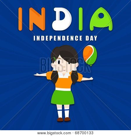 Cute little girl in Indian tricolors dress holding balloon on blue rays background for Indian Independence Day celebrations. 