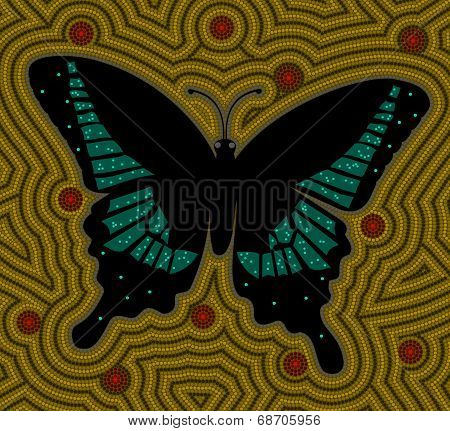 A Illustration Based On Aboriginal Style Of Dot Painting Depicting Butterfly