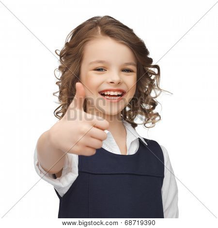 happy children and gestures concept - picture of beautiful pre-teen girl showing thumbs up