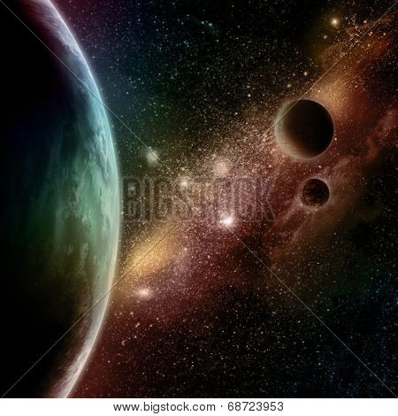 Abstract space background with stars, starfield and fictional planets