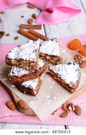 Delicious cake panforte on table close-up