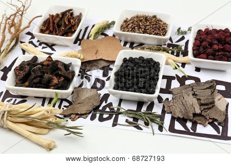 Traditional chinese herbal medicine ingredients on not real hieroglyphs, close-up
