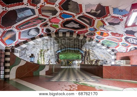 Stockholm, Sweden - Dec 24, 2012:  Station interior on the Blue Line, designed by Per Olof Ultvedt in 1975, in Stockholm, Sweden on Dec 24, 2012