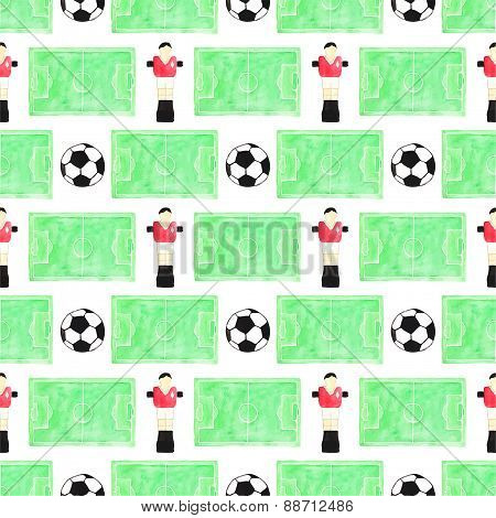 Watercolor seamless pattern with ball, player and football field on the white background, aquarelle.
