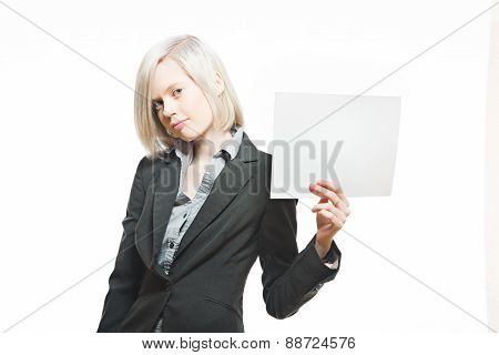 young pretty buisnesswoman hold a white sheet of paper