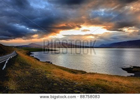 Eyjafjordur fjord in Northern Iceland at sunset