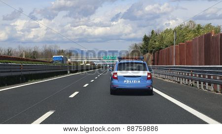 Italian Police Car Run Fast In The Italian Highway
