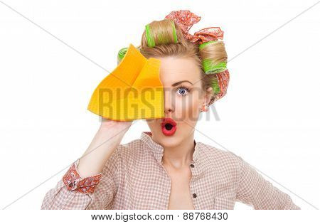 Funny Young Surprised Housewife Holding Rag / Wipe, Isolated On White. Pin-up Girl