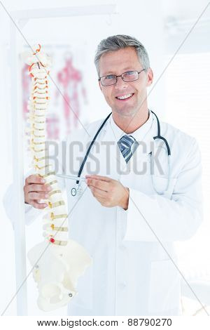 Doctor showing anatomical spine with his pen in clinc