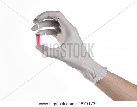 Doctor Hand Holding A Vial, Ampule Red, Vaccine Ampule, Ebola Vaccine, Flu Treatment, White Backgrou
