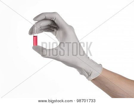 Doctor Hand Holding A Vial, Ampule Red, Vaccine Ampule, Ebola Vaccine, Flu Treatment, White Backgrou