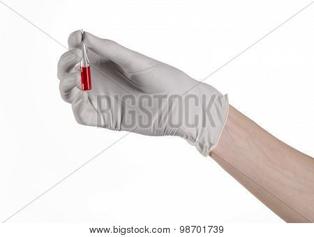 Doctor Hand Holding A Vial, Ampule Red, Vaccine Ampule, Ebola Vaccine, Flu Treatment, White Backgrou