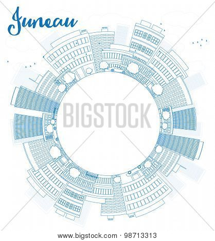 Outline Juneau (Alaska) Skyline with Blue Building and copy space. Vector Illustration