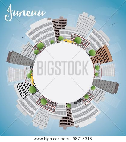 Juneau (Alaska) Skyline with Grey Building, Blue Sky and copy space. Vector Illustration