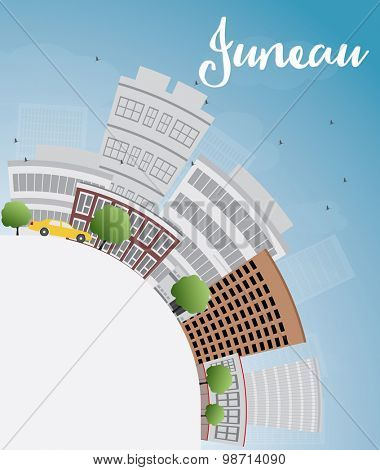 Juneau (Alaska) Skyline with Grey Building, Blue Sky and copy space. Vector Illustration