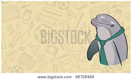 Clever Dolphin In A Green Tie On The Background Of School Facilities
