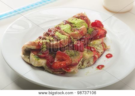 Waffle Wrap With Bananas, Strawberries And Chocolate