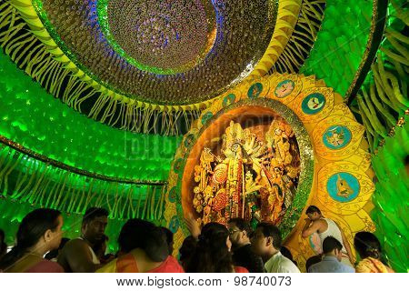 People Enjoying Inside Durga Puja Pandal, Durga Puja Festival