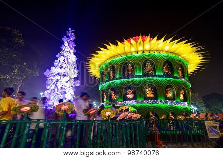 People Enjoying Outside Durga Puja Pandal, Hindu Religious Festival