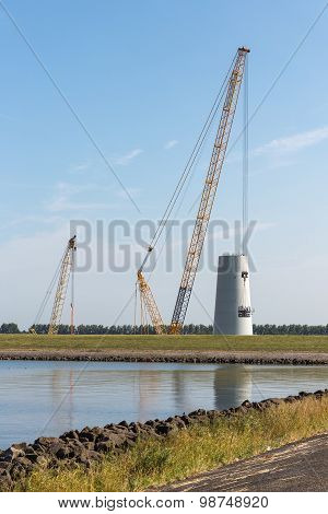 Big Crane Busy With Construction Of A New Dutch Windturbine