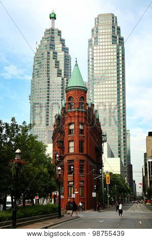 TORONTO CANADA JULY 10, 2015The red-brick Gooderham Building is a historic landmark of Toronto, Ontario, Canada and is the focal point of one of Toronto's most iconic vistas.