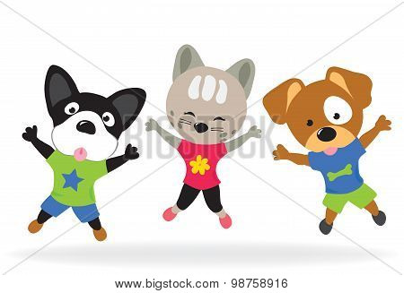 Kitty and puppies doing jumping jacks