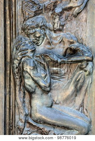 PARIS, FRANCE - SEPTEMBER 12, 2014: Paris - Museum Rodin. The Gates of Hell is a monumental sculptural group work by Rodin that depicts a scene from 