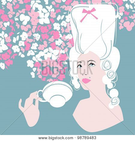 Woman With A Cup Of Tea/coffee. Rococo Style.